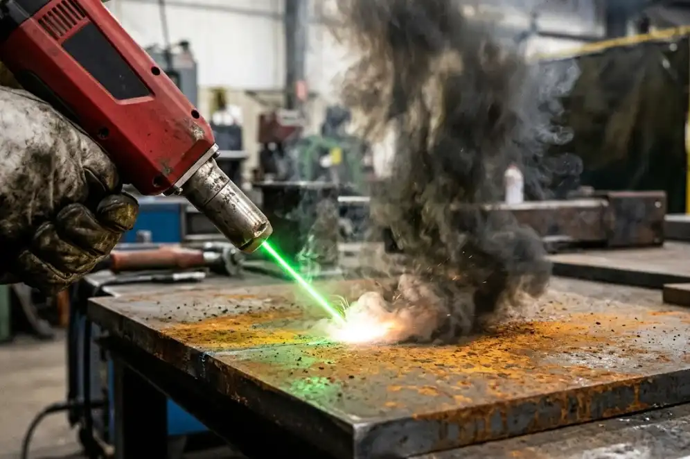 A close-up industrial photograph of a laser cleaning machine burning rust off a metal plate. A thick cloud of dark fumes and fine particulate matter is rising from the contact point, clearly illustrating respiratory hazards.