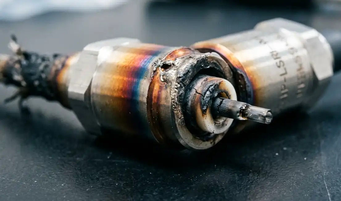 A close-up technical photograph of a damaged industrial laser fiber optic connector. The connector shows obvious signs of severe thermal damage and melting due to overheating, with red and orange heat stress discoloration on the metal housing.