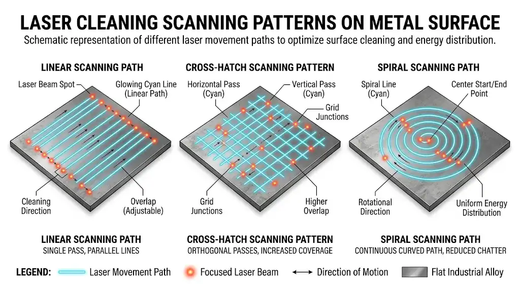 A schematic illustration showing different laser cleaning scanning patterns on a flat metal surface. It clearly depicts three paths: a linear scanning path, a cross-hatch scanning pattern, and a spiral scanning path, using glowing colored lines to represent the laser movement.