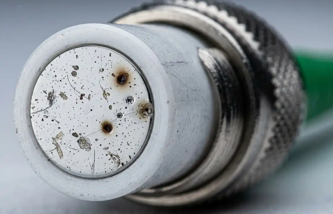 A highly detailed macro photograph of a laser fiber optic cable end-face showing microscopic dust particles and small dark burn marks from contamination. Industrial high-tech aesthetic, extreme close-up.