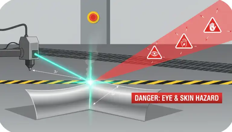 A technical safety illustration showing a bright laser beam hitting a shiny metal surface and reflecting off at an angle. The reflected beam should have a red warning aura around it to signify danger to the eyes and skin. Industrial safety context.