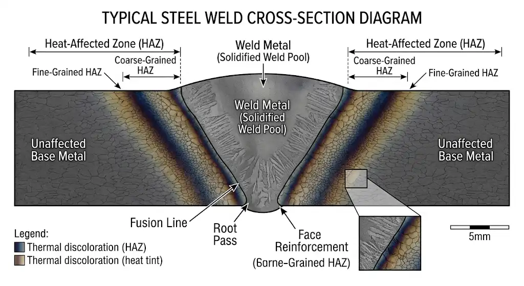 A highly detailed, realistic cross-section diagram of a steel weld. It clearly shows the central melted weld pool, the Heat Affected Zone (HAZ) right next to it with a visible change in metal grain structure and thermal discoloration, and the unaffected base metal on the outside. Engineering and educational style, clean technical look.