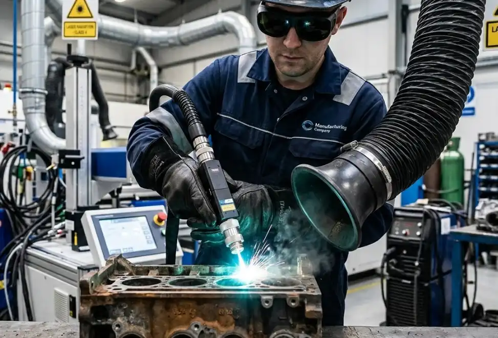 A close-up industrial photo of a worker operating a laser cleaning machine. The worker is wearing appropriate dark laser safety goggles and protective gloves. A local exhaust ventilation (LEV) hose is positioned nearby to capture fumes. Safety-first manufacturing environment.