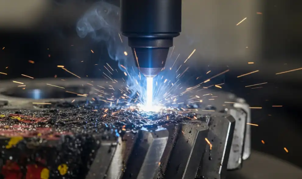 A close-up macro photograph showing a thick layer of dark industrial grease and old paint being vaporized by an intense laser cleaning beam from a metal gear. Smoke and bright light are visible at the interaction point.