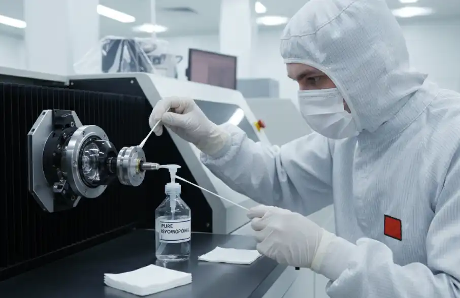 A professional industrial photograph of a technician wearing cleanroom gloves, carefully cleaning the focusing lens and fiber optic connector of a laser machine using special lint-free paper cotton swabs and pure alcohol. Clean, bright manufacturing environment.