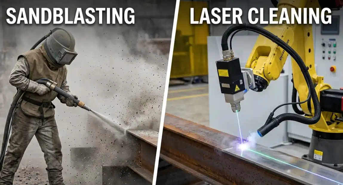 A split-screen image comparing two industrial cleaning methods. On the left side, a worker in a heavy protective suit is sandblasting a metal part, creating a massive cloud of dust and flying debris. On the right side, a clean automated robotic arm is using a laser cleaning head on a similar metal part, with no dust, just a focused beam of light and a small extraction hose.