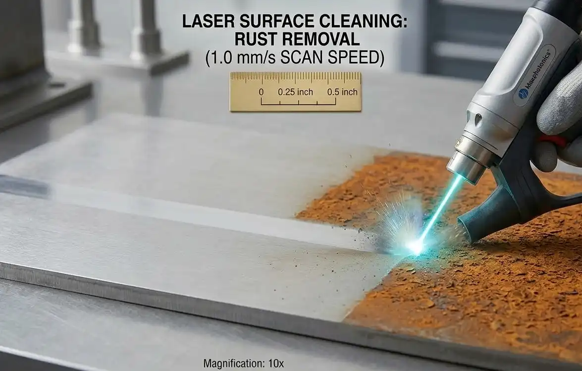 A professional industrial photograph of a handheld laser cleaning machine in action on a flat steel plate. The laser beam is sweeping across the surface, leaving a perfectly clean, shiny metallic path behind it, while the area ahead remains covered in thick, orange rust. High-tech manufacturing style.