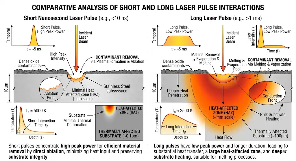 A clean, educational technical diagram comparing short nanosecond laser pulses versus long laser pulses. The diagram illustrates how short pulses concentrate high peak power to remove surface contaminants with minimal heat transfer to the substrate, while long pulses show deeper heat penetration. Engineering textbook style.