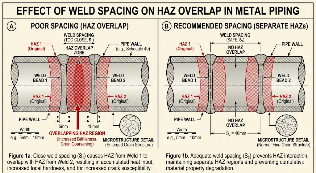 A technical diagram illustrating two adjacent welds on a metal pipe, showing the Heat-Affected Zones (HAZ) overlapping in red when spaced too closely, compared to safe spacing where the HAZ regions remain separate. Engineering textbook style, highly detailed and educational.