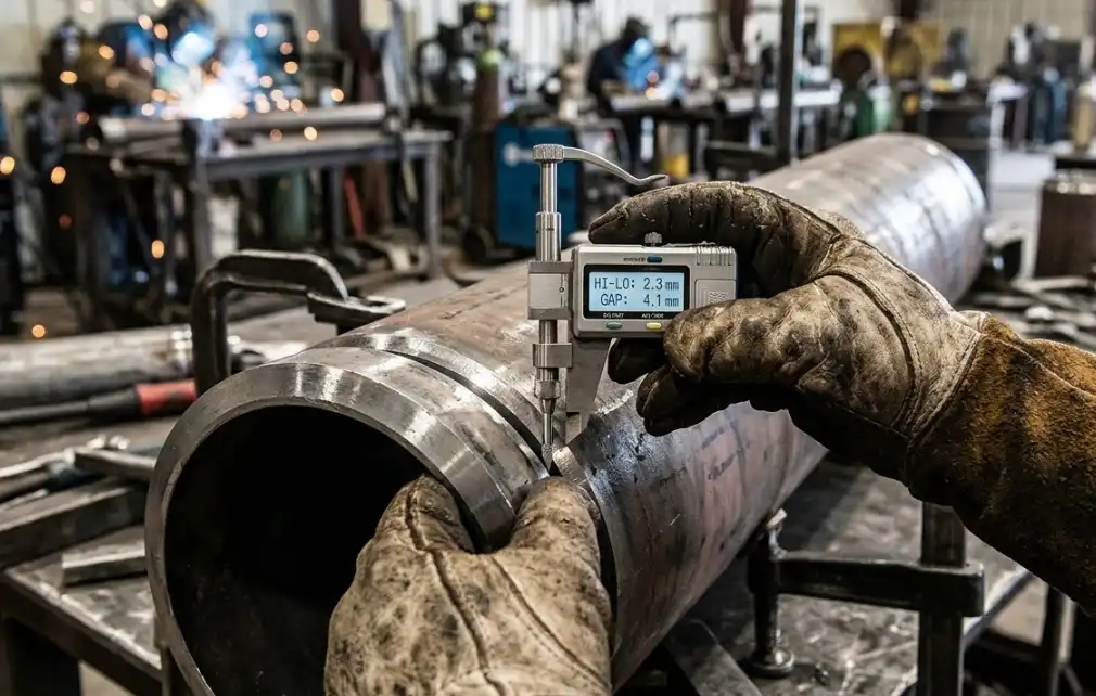 A close-up photograph of a welder's gloved hands using a digital Hi-Lo welding gauge to carefully measure the alignment and gap between two thick steel pipes in a fabrication shop. Sharp focus on the measuring tool and the joint.