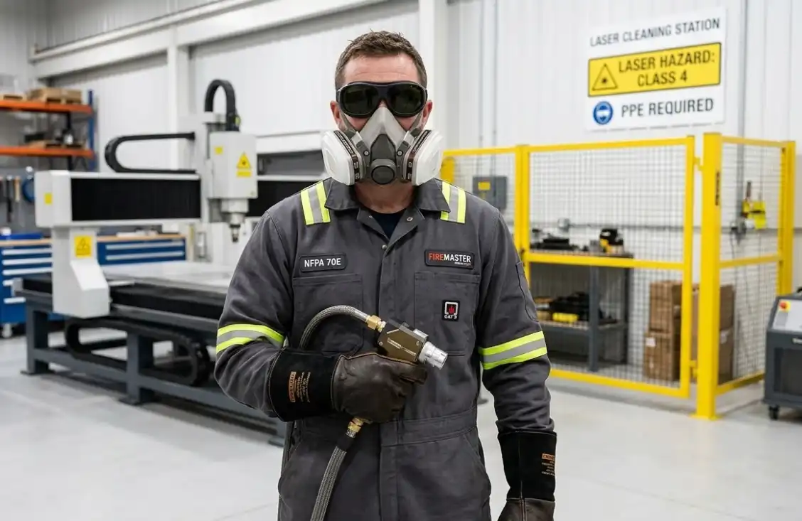 A professional portrait of an industrial worker fully equipped for laser cleaning safety. The worker is wearing dark laser safety goggles, a heavy-duty respirator mask, flame-resistant clothing, and thick thermal-protective gloves. Clean manufacturing background.
