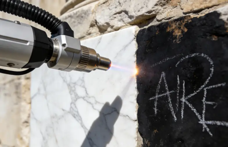Laser cleaning technology safely restoring a historic marble stone wall by removing dirt and graffiti.