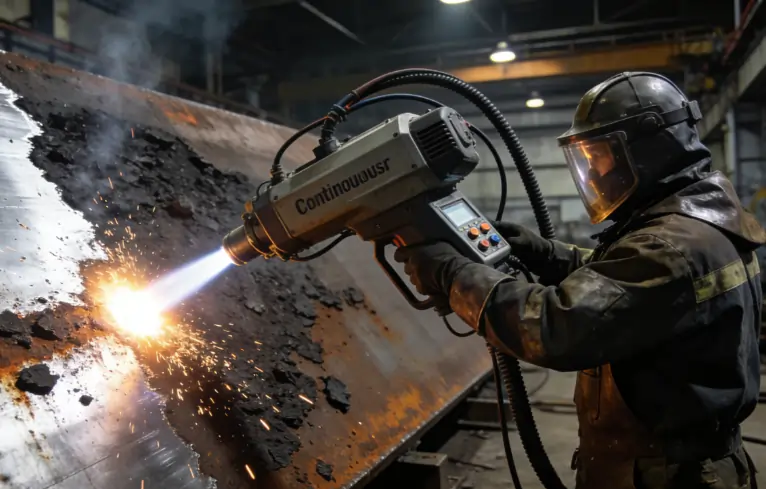 An industrial worker using a continuous laser cleaning machine to quickly clean a massive steel plate.