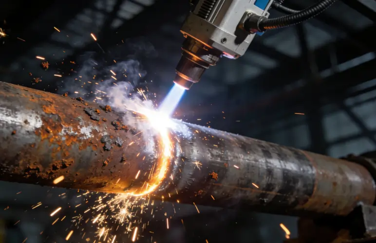 High-speed industrial laser bursts efficiently vaporizing heavy rust from a steel pipe.