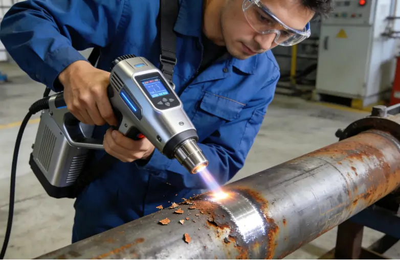 An industrial worker easily operating a compact handheld laser cleaning machine on a metal pipe.