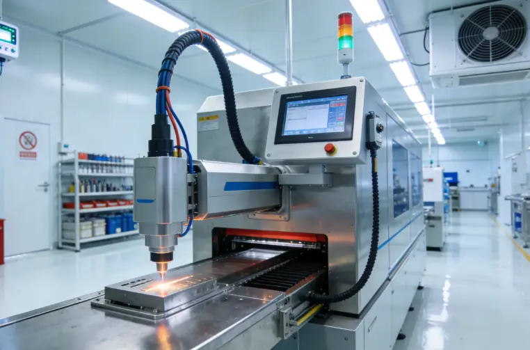 A modern fiber laser cleaning machine operating in a clean, temperature-controlled industrial environment.