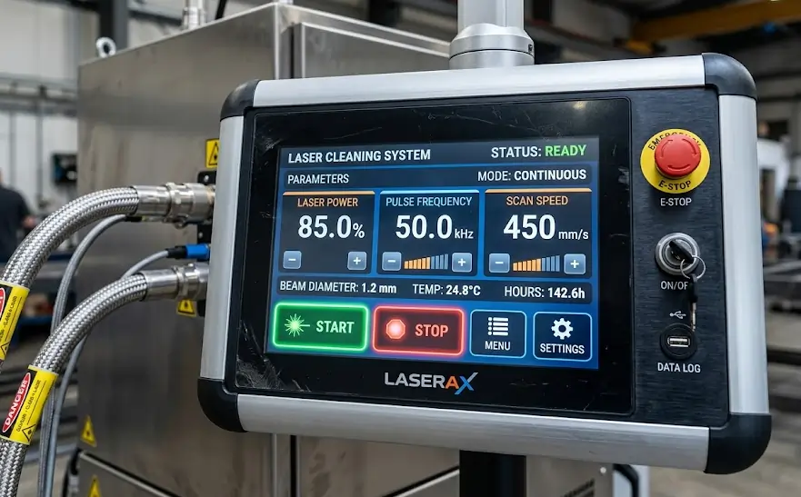 Close-up of a laser cleaning machine's digital control panel showing power and frequency settings.