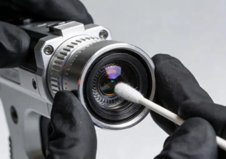 Close-up of a technician carefully cleaning the optical lens of a laser cleaning machine.