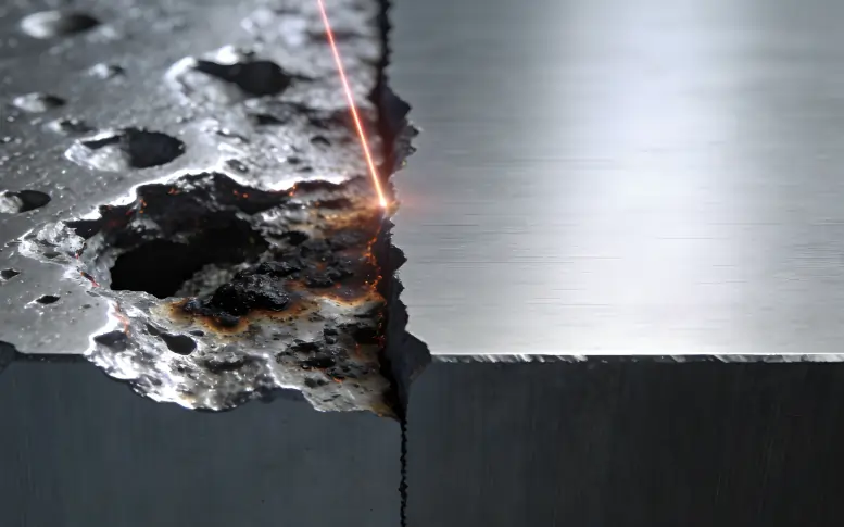 Microscopic diagram illustrating surface melting and pitting caused by overpowering a laser cleaning machine.