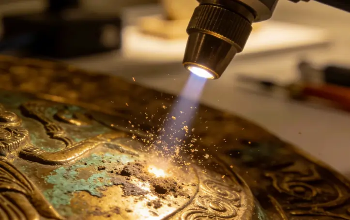 A precise pulse laser gently cleaning a fragile historical artifact without causing thermal damage.