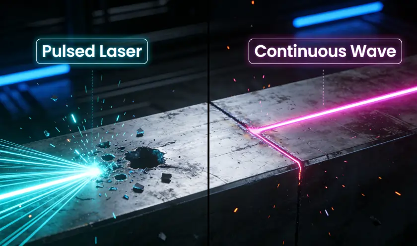 Conceptual diagram comparing short bursts of a pulsed laser with the steady beam of a continuous wave laser.