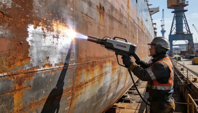 A worker efficiently cleaning a large rusty ship hull in a dry dock using a handheld laser cleaner.