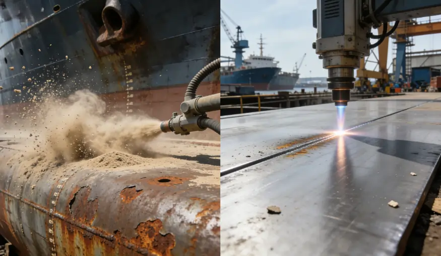 Split-screen comparison of messy sandblasting versus clean laser rust removal on a ship hull.