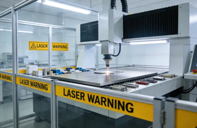A safe and controlled laser cleaning workspace with protective enclosures and clear warning signs.