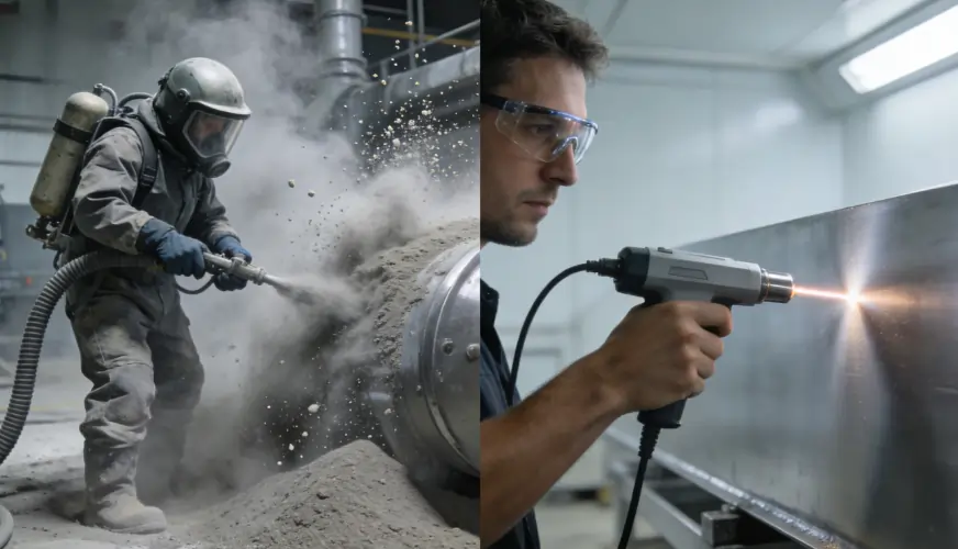 Split-screen comparison between messy sandblasting and clean, dust-free laser cleaning.