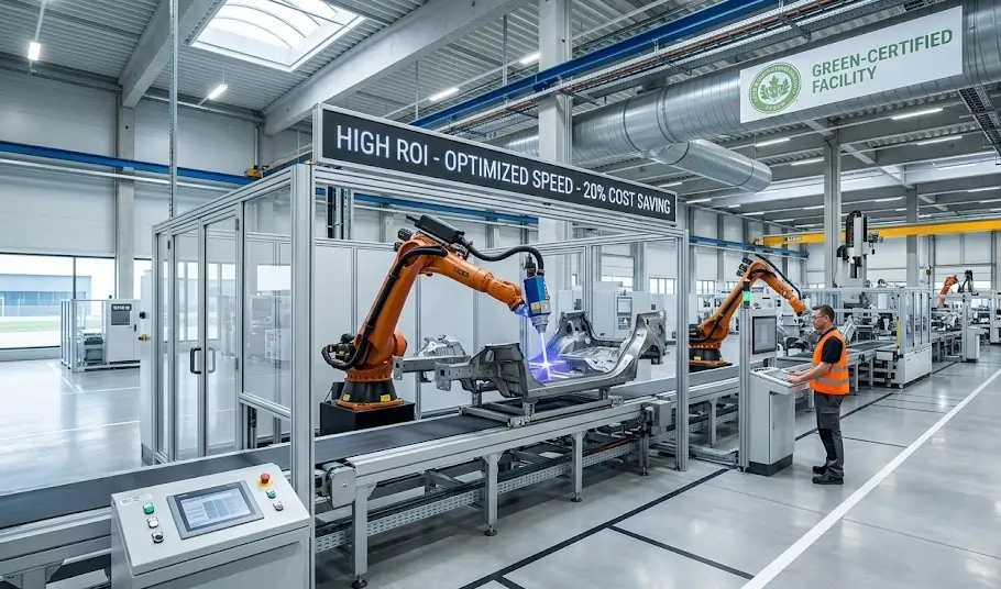 An automated robotic laser cleaning system efficiently processing car parts in a clean factory.