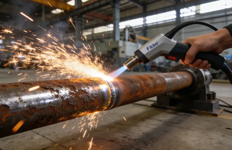 A high-power fiber laser efficiently removing thick rust from an industrial steel pipe.