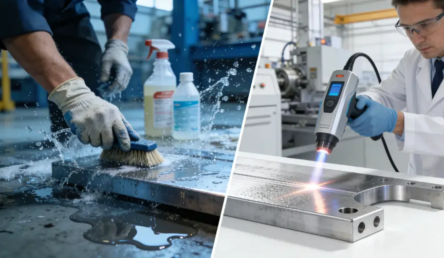 Split-screen comparing messy traditional cleaning with precise, dry laser cleaning.