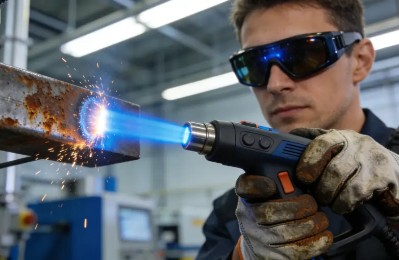 An operator safely using a laser cleaning machine on a metal surface while wearing proper protective gear.