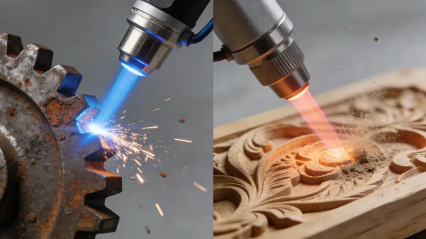 Split-screen comparison showing a fiber laser cleaning metal and a CO2 laser cleaning wood.