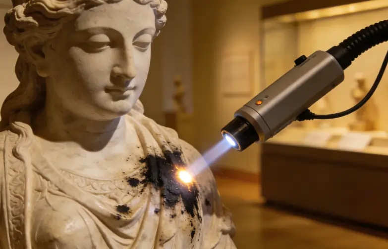 A CO2 laser gently removing stains from a historical stone artifact without damage.