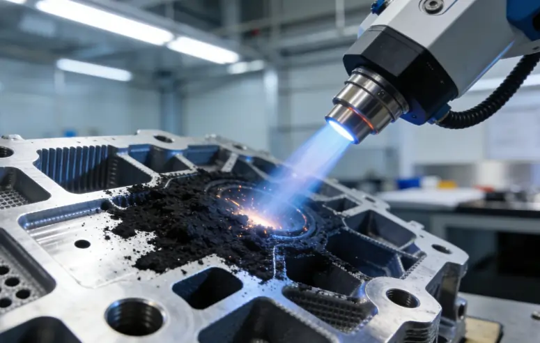 A highly precise laser cleaning a complex 3D-printed metal component without causing damage.