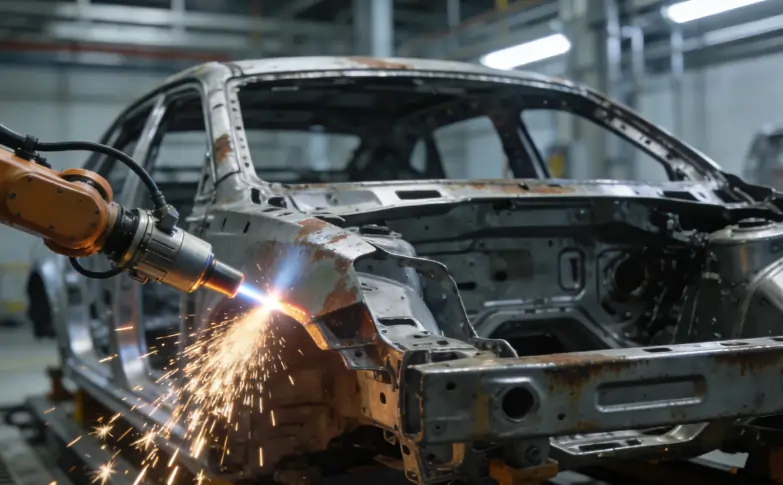 A robotic laser cleaning system precisely removing rust and paint from a car chassis in an automotive factory.
