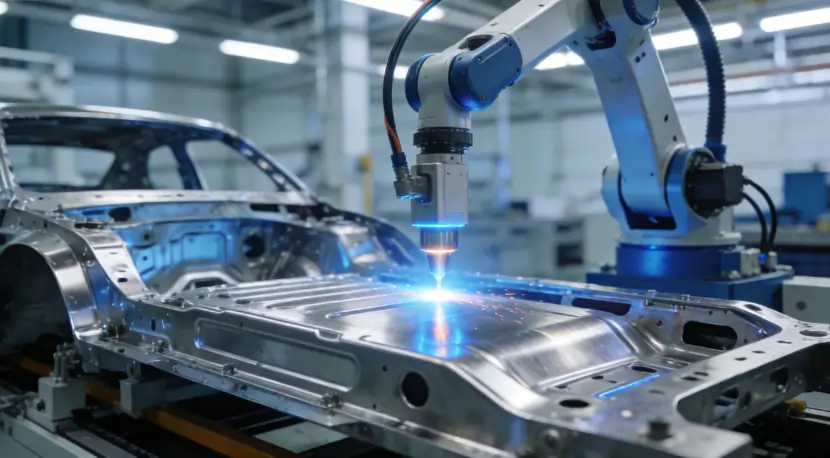 An automated robotic arm performing fiber laser cleaning on a car chassis in a modern factory.