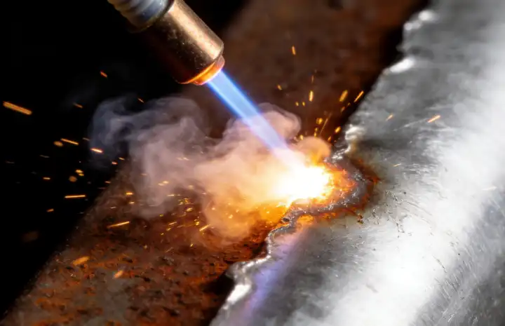 Macro view of a fiber laser beam vaporizing rust through the process of laser ablation.