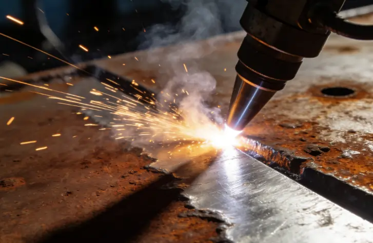 Close-up of a laser beam instantly vaporizing heavy marine rust from a steel plate.