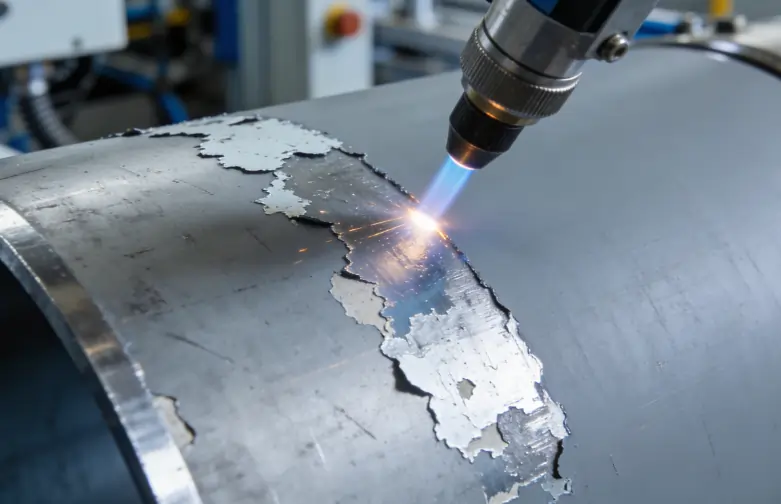 Precision laser safely removing peeling topcoat paint while preserving the underlying primer layer.