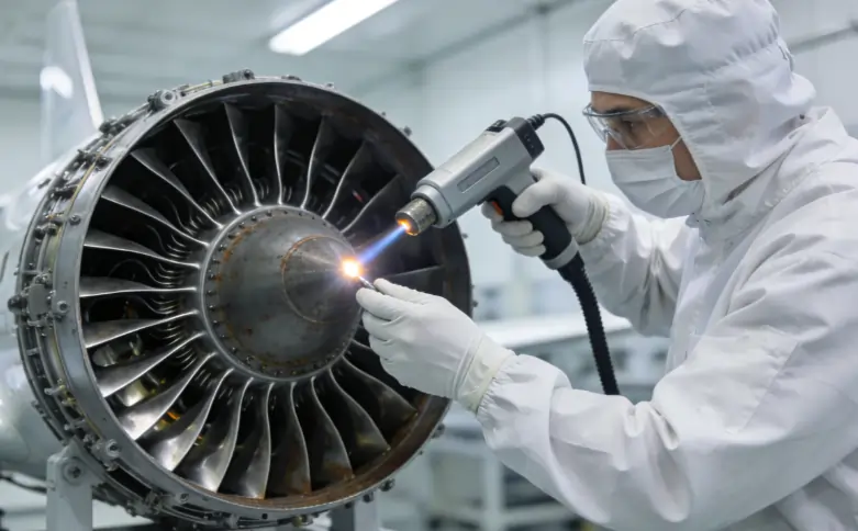 An aerospace technician delicately removing oxide layers from an airplane turbine blade using a laser cleaner.