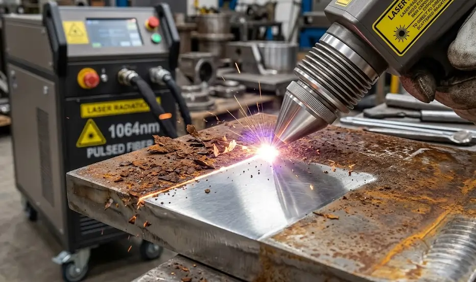 A 1064nm fiber laser carefully stripping rust from a stainless steel plate without damaging the base.