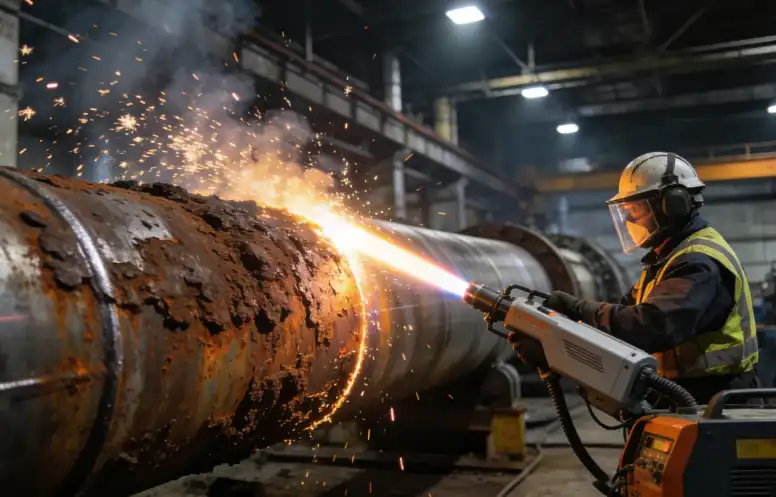 An industrial worker using a continuous laser cleaning machine to quickly clean a large, rusty pipeline.