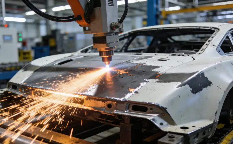 High-speed laser cleaning efficiently stripping paint from an automotive part in a factory.