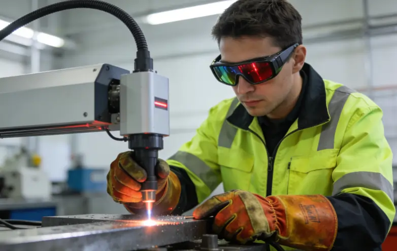 An operator safely using a laser cleaner while wearing the correct protective gear and safety goggles.