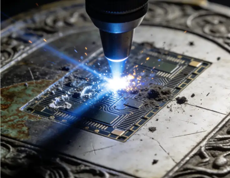 Precision laser cleaning safely removing microscopic contaminants from a delicate surface.