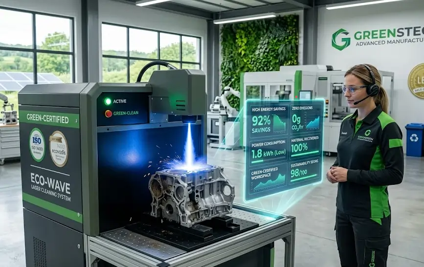 A modern fiber laser cleaning machine operating efficiently with low energy consumption and zero emissions.