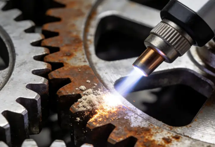 Close-up of highly precise laser cleaning safely removing rust from a metal gear.