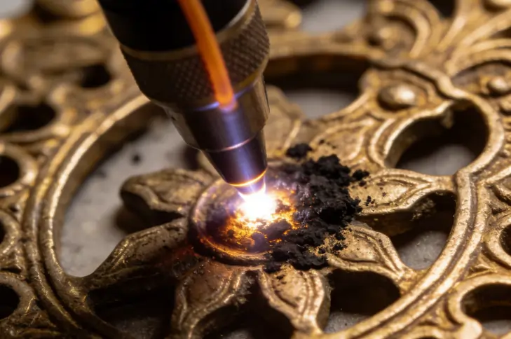 A pulsed fiber laser precisely cleaning a delicate metal artifact without touching the surface.